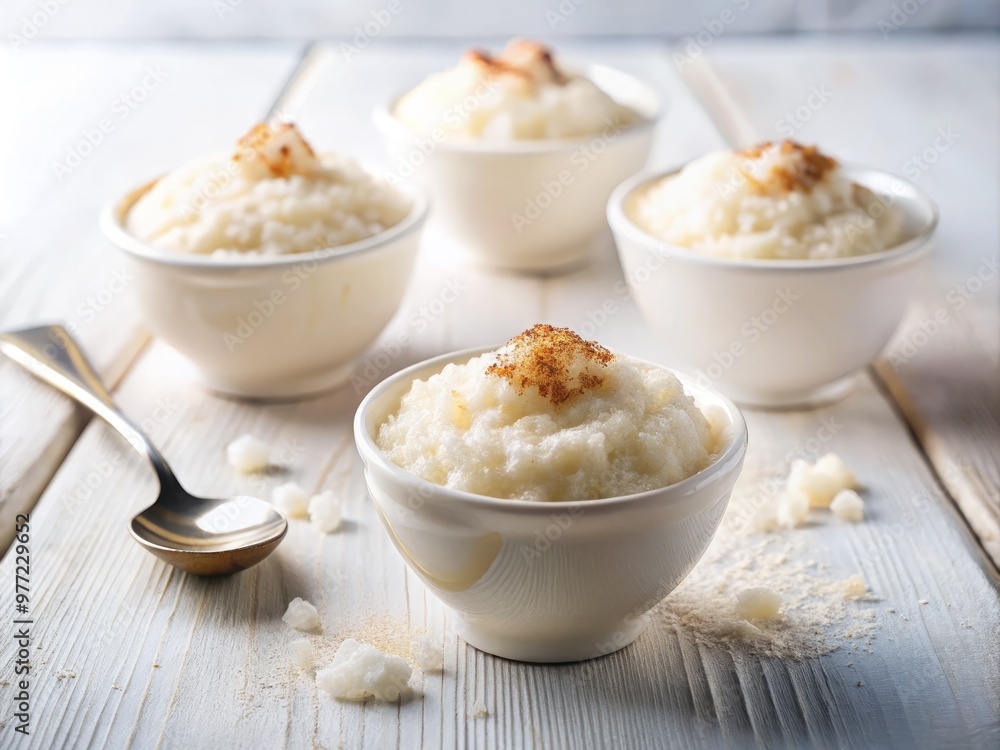 Delicate, rounded mounds of sweet rice pudding, lightly dusted with sugar, sitting serenely on a clean white surface, evoking feelings of comfort and tranquility. Delicate, rounded mounds of sweet rice pudding, lightly dusted with sugar, sitting serenely on a clean white surface, evoking feelings of comfort and tranquility.