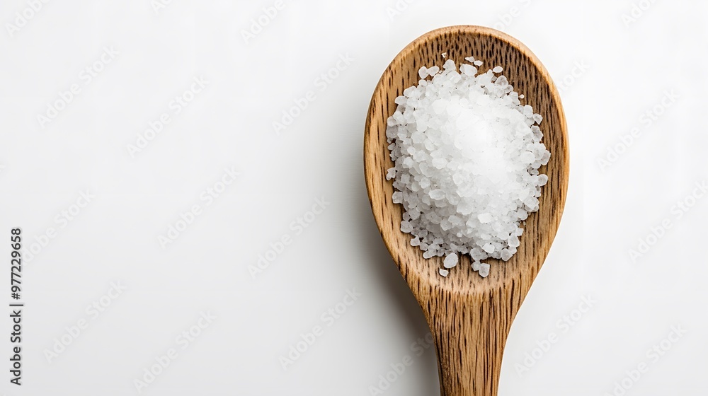 A top-down view of a wooden spoon filled with salt on a white background, showcasing minimalist food photography in high resolution for clarity and simplicity. A top-down view of a wooden spoon filled with salt on a white background, showcasing minimalist food photography in high resolution for clarity and simplicity.