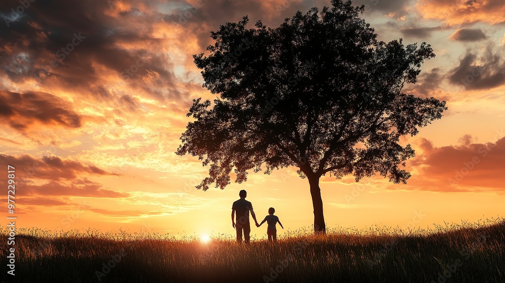 Silhouette of a man and child holding hands under a tree at sunset, creating a warm and nostalgic atmosphere. Silhouette of a man and child holding hands under a tree at sunset, creating a warm and nostalgic atmosphere.