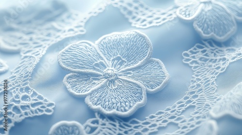 White Lace Flower Detail on Light Blue Fabric