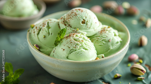 Close-Up View of Delicious Pistachio Ice Cream Dessert in Rustic Bowl. Generative AI