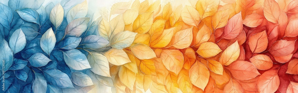 Vibrant Autumn Leaves in Orange and Blue Tones Watercolor Background Vibrant Autumn Leaves in Orange and Blue Tones Watercolor Background