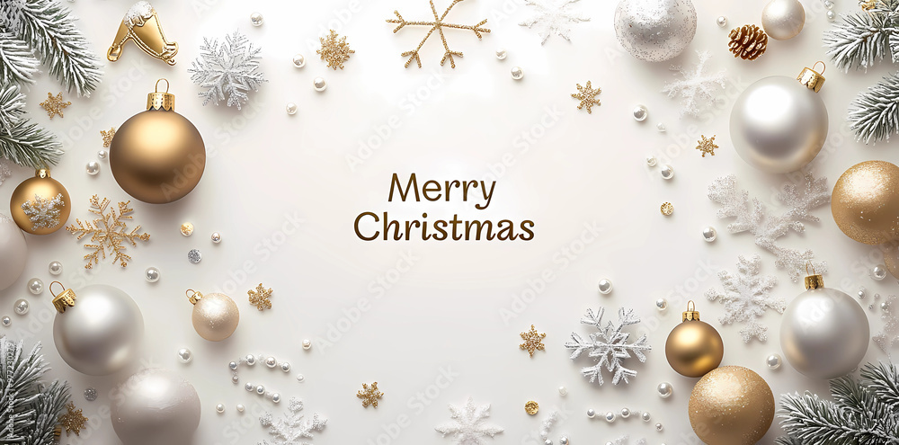A festive Christmas card design with golden and silver ornaments, including snowflakes, pearls, and beads, with the text A festive Christmas card design with golden and silver ornaments, including snowflakes, pearls, and beads, with the text