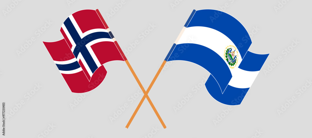 Crossed and waving flags of Norway and Republic of El Salvador. Vector illustration Crossed and waving flags of Norway and Republic of El Salvador. Vector illustration
