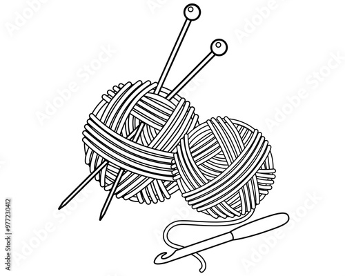 Clews, knitting needles and a crochet hook - vector linear illustration for coloring. Outline. Yarn for knitting, coiled into balls, crochet hook and knitting needles. Knitting and handmade	