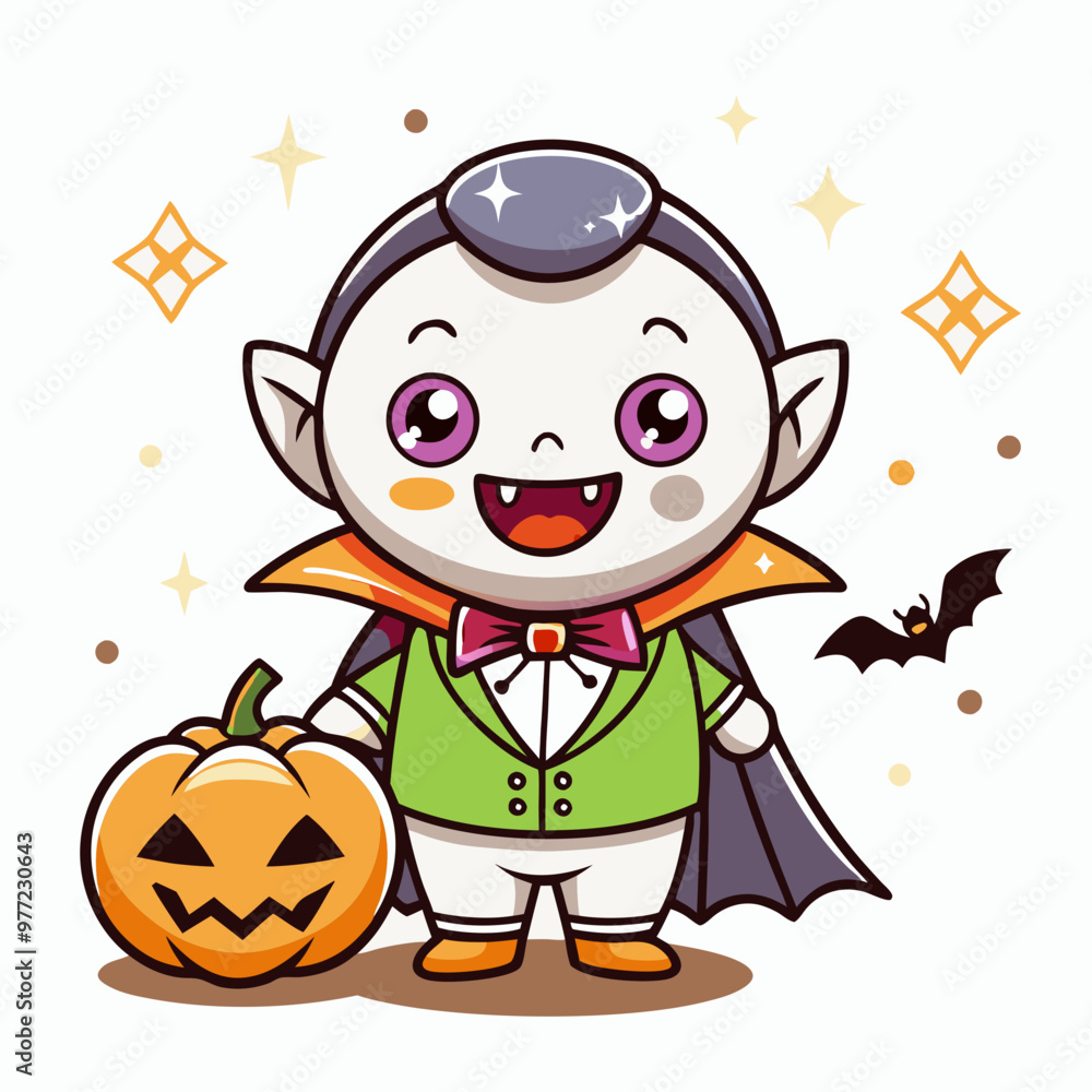 Cheerful Cartoon Vampire with Pumpkin Against Starry Background Cheerful Cartoon Vampire with Pumpkin Against Starry Background