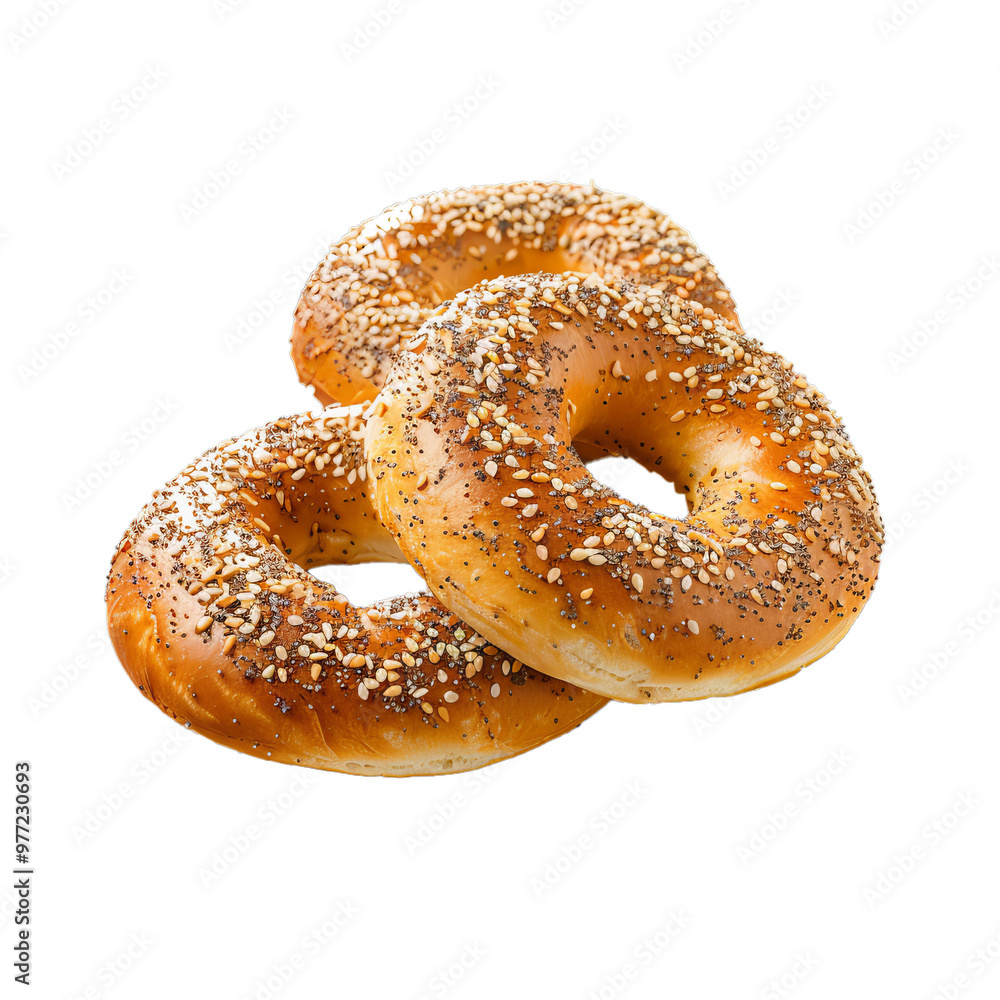 Three everything bagels with poppy and sesame seeds isolated on white background Three everything bagels with poppy and sesame seeds isolated on white background