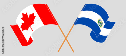 Crossed and waving flags of Canada and Republic of El Salvador. Vector illustration