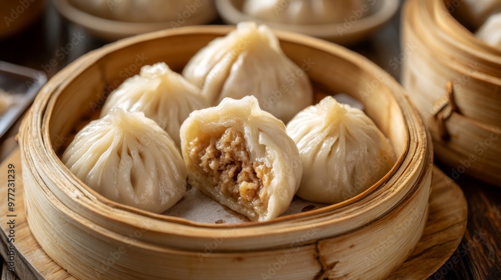 A close-up of freshly steamed with a soft, fluffy texture and a bite taken out to reveal the delicious filling, placed on a wooden serving board. A close-up of freshly steamed with a soft, fluffy texture and a bite taken out to reveal the delicious filling, placed on a wooden serving board.