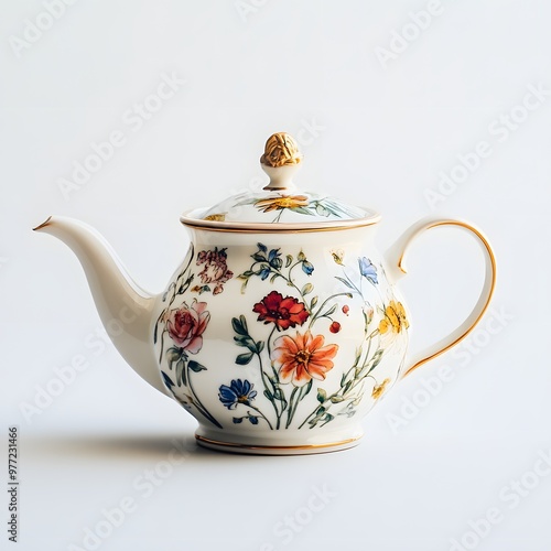 191. A delicate porcelain teapot with floral patterns isolated on a clean white background