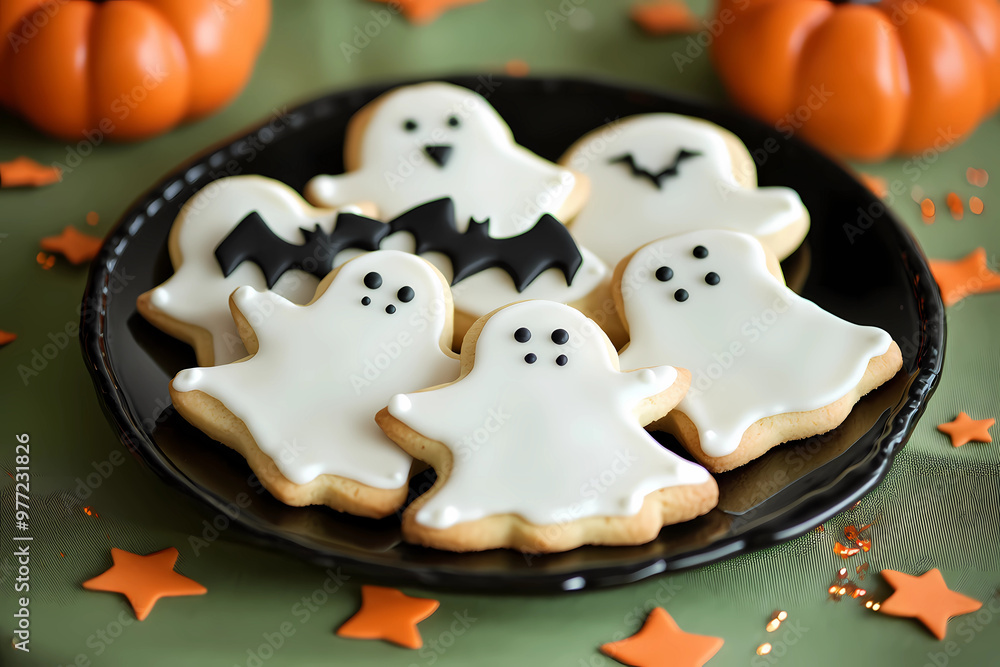 Halloween cookies with white icing and spooky designs, such as ghosts or bats, arranged on an elegant black plate. Halloween cookies with white icing and spooky designs, such as ghosts or bats, arranged on an elegant black plate.
