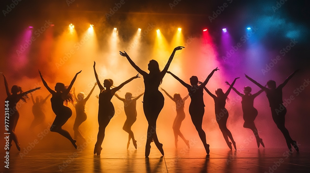 Silhouetted dancers are dynamically posed amidst vibrant lights and fog, creating a captivating and energetic stage performance atmosphere. Silhouetted dancers are dynamically posed amidst vibrant lights and fog, creating a captivating and energetic stage performance atmosphere.