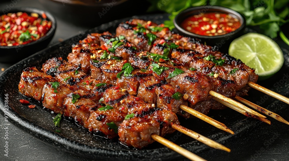 Thai Style Grilled Pork (Moo Pad Krapow) with Herbs and Spices on Grey Background Thai Style Grilled Pork (Moo Pad Krapow) with Herbs and Spices on Grey Background