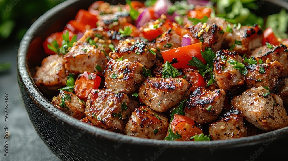 Thai Style Grilled Pork (Moo Pad Krapow) with Herbs and Spices on Grey Background Thai Style Grilled Pork (Moo Pad Krapow) with Herbs and Spices on Grey Background