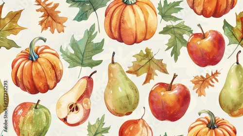 Vibrant watercolor illustration featuring pumpkins, apples, pears, and leaves, perfect for autumn-themed designs.