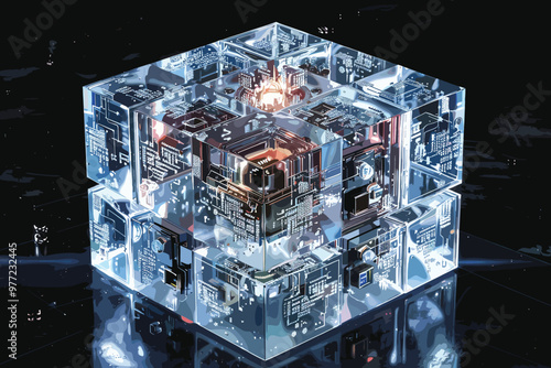 3d abstract modern technology. Box scheme. Neural network. Glass blocks. Web construction. Industrial cube objects. Hardware quantum form. Smart build.