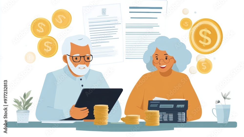 Happy seniors managing finances together with a tablet and calculator, surrounded by coins and documents, representing financial planning. Happy seniors managing finances together with a tablet and calculator, surrounded by coins and documents, representing financial planning.