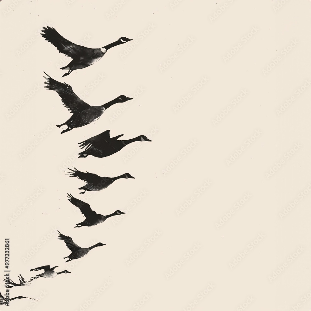 Fototapeta premium A Group Of Geese Flying In The Sky, a high resolution AI illustration