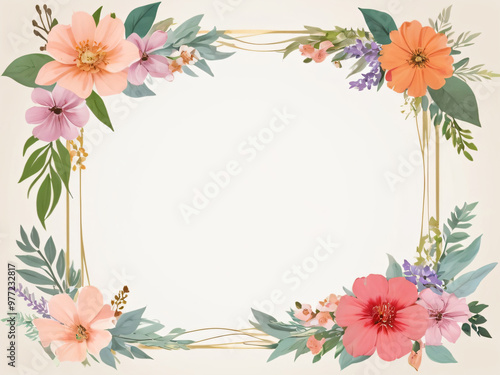 A blank wedding invitation adorned with a watercolor floral frame