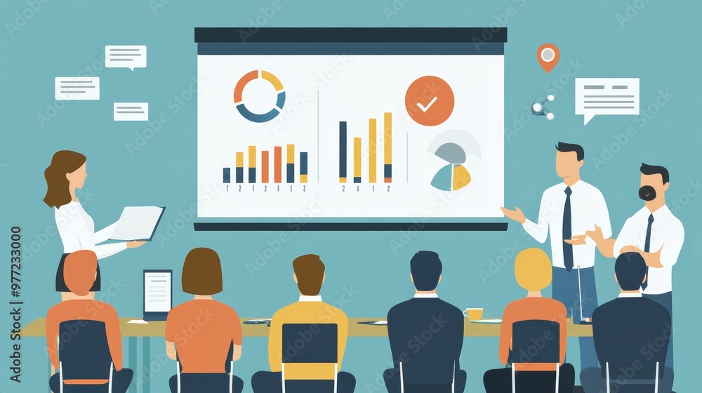 A dynamic business meeting featuring a team presenting data visuals on a screen to engaged colleagues in a conference room. A dynamic business meeting featuring a team presenting data visuals on a screen to engaged colleagues in a conference room.