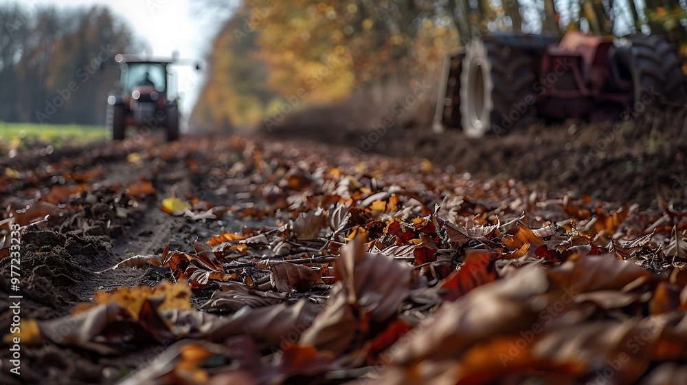 Plowing with a specific haircut stack full of lush leaves brown ground Plowing with a specific haircut stack full of lush leaves brown ground