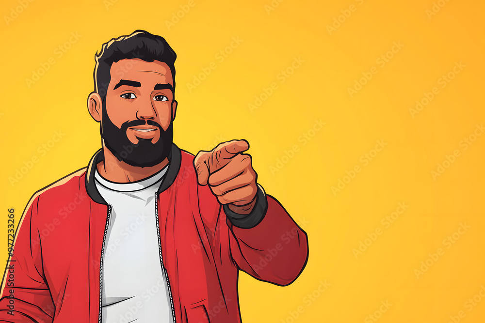 Confident bearded man pointing directly at the viewer, motivational concept, positive energy, cartoon illustration, encouraging gesture, empowerment, self-confidence, leadership focus Confident bearded man pointing directly at the viewer, motivational concept, positive energy, cartoon illustration, encouraging gesture, empowerment, self-confidence, leadership focus