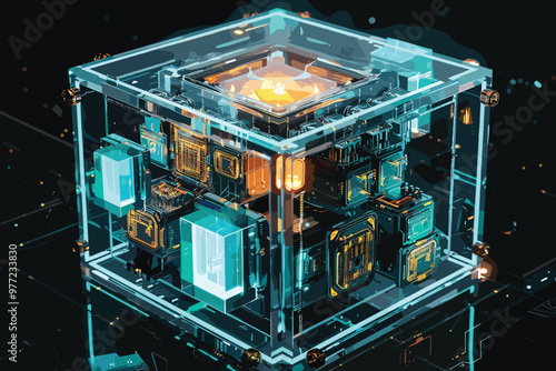 3d abstract modern technology. Box scheme. Neural network. Glass blocks. Web construction. Industrial cube objects. Hardware quantum form. Smart build.