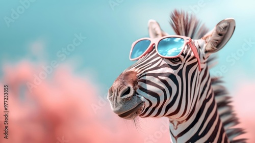 Close-up of zebra with mirrored sunglasses reflecting pastel colors.