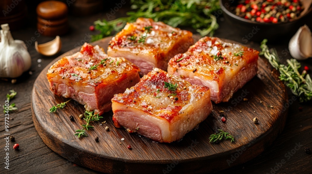 A close-up of raw pork belly slices marinated and ready for grilling, surrounded by fresh herbs, garlic, and spices on a wooden cutting board. A close-up of raw pork belly slices marinated and ready for grilling, surrounded by fresh herbs, garlic, and spices on a wooden cutting board.