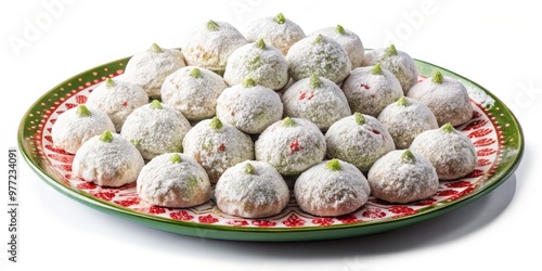 A plate of powdered sugar-coated kourambiedes arranged in a festive holiday pattern, isolated on a white background. photo