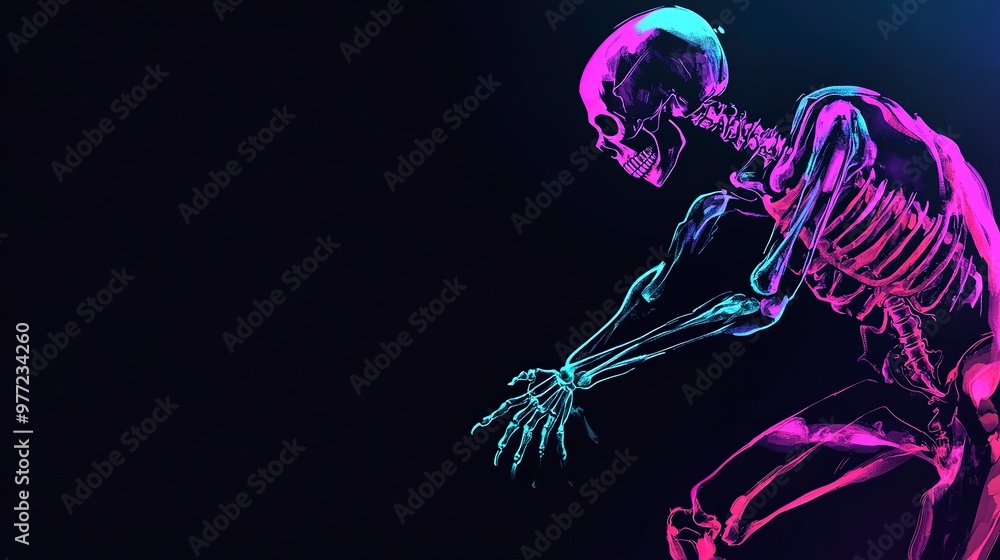 a skeleton silhouette of a street dancer in neon colors on a black background,a place for text,the concept of advertising dance events,posters and banners,graphic design,social media a skeleton silhouette of a street dancer in neon colors on a black background,a place for text,the concept of advertising dance events,posters and banners,graphic design,social media