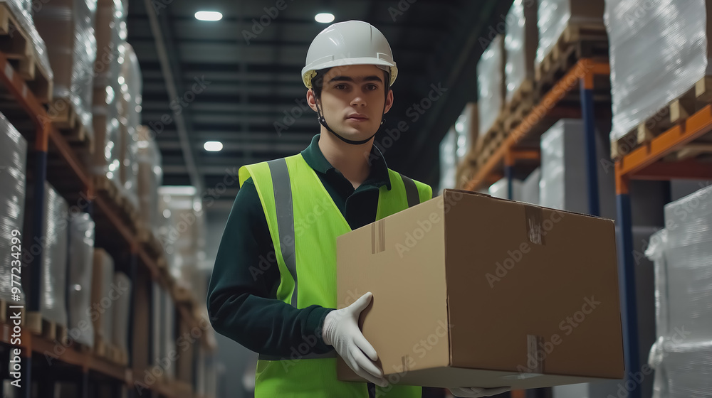 a warehouse worker wearing a neon green vest and a white helmet, holding a cardboard craft box a warehouse worker wearing a neon green vest and a white helmet, holding a cardboard craft box