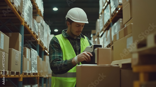 a warehouse worker in a neon green safety vest and white helmet, using a scanner to process boxes