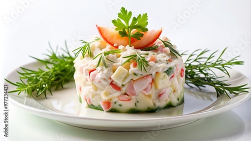 Wallpaper Mural Gourmet crab salad presentation featuring succulent crab meat, creamy mayonnaise, and delicate dill garnish, artfully arranged on a sparkling white background. Torontodigital.ca