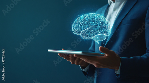 Technology and innovation concept. Artificial Intelligence and neural networks. Hand holding a digital brain with network connections. Futuristic digital brain. Smart Brain. Hologram brain photo