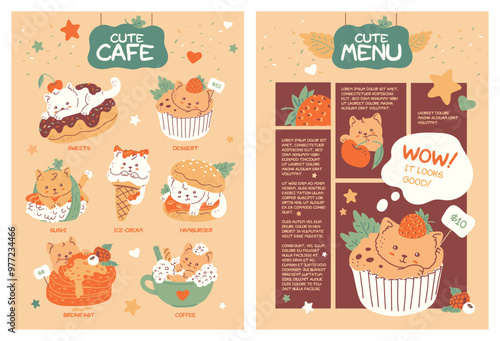 Cute cat in food on vector children cafe price menu fast food and dessert, funny burger, sushi, donut, cupcake, coffee
