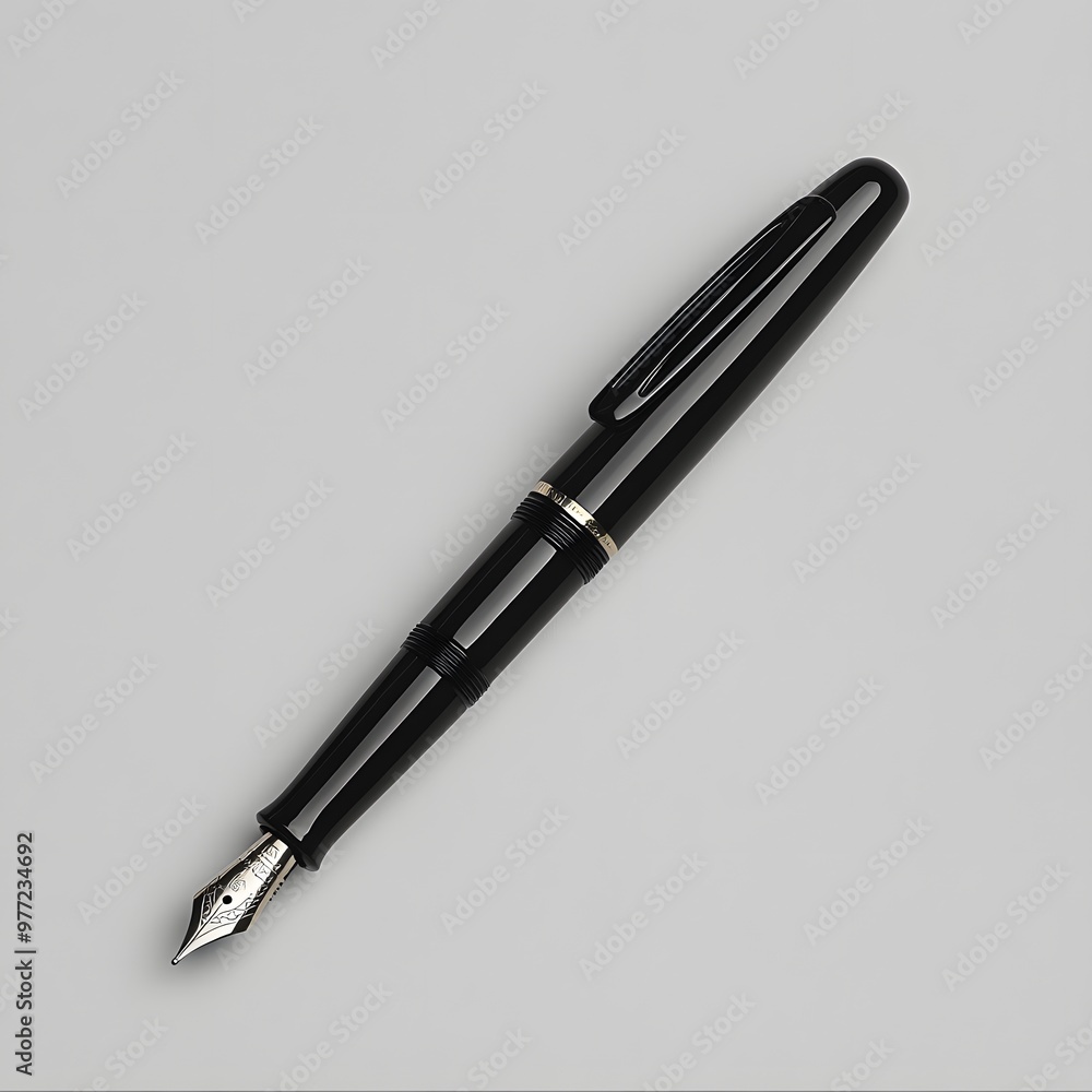 16. A sleek black fountain pen isolated on a smooth light gray background 16. A sleek black fountain pen isolated on a smooth light gray background