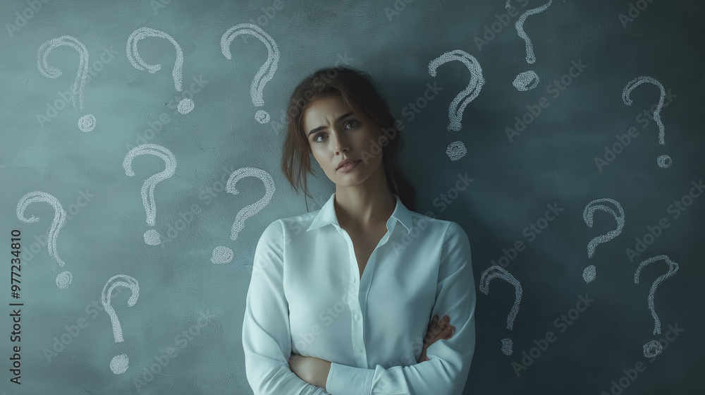 A professional woman stands confidently against a gray wall with chalk-drawn question A professional woman stands confidently against a gray wall with chalk-drawn question