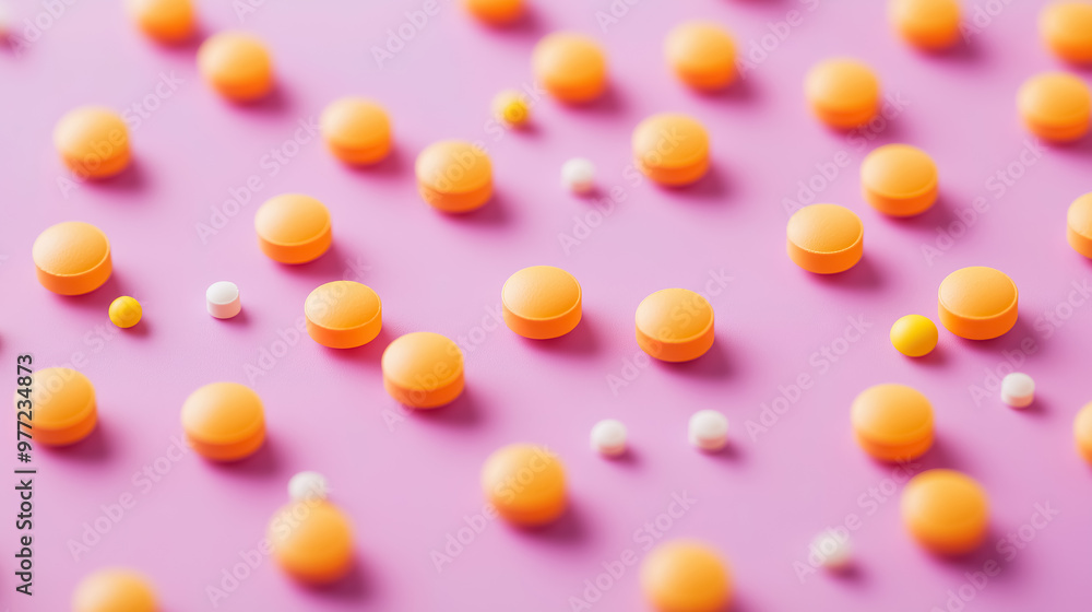 A texture of small, beautiful yellow-orange medical pills scattered on a pink-purple background A texture of small, beautiful yellow-orange medical pills scattered on a pink-purple background