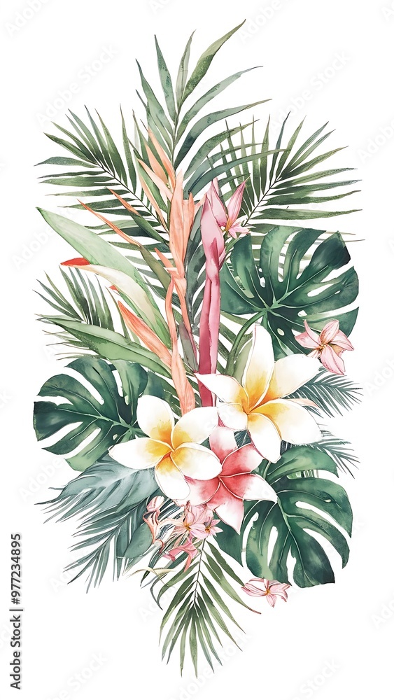 Fototapeta premium Strelitzia, plumeria, monstera, palm leaf. Watercolor Hand drawn botanical illustrations composition. Isolated on white background. Summer beach print. For design, textiles, wear