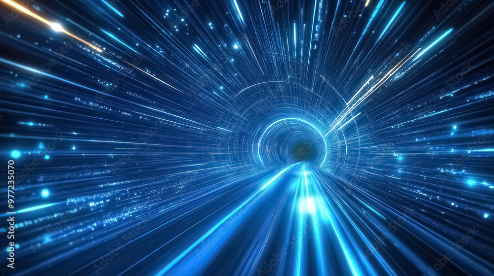 An abstract bright blue tunnel with flying lines of energy particles and radiant light rays An abstract bright blue tunnel with flying lines of energy particles and radiant light rays