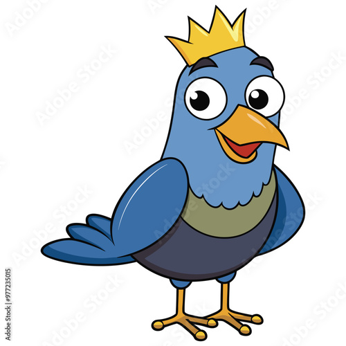 A cartoon drawing of a blue bird with a crown on it