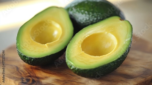 A green avocado halved, beautifully arranged on a wooden cutting board, with its seed exposed and ready for serving.