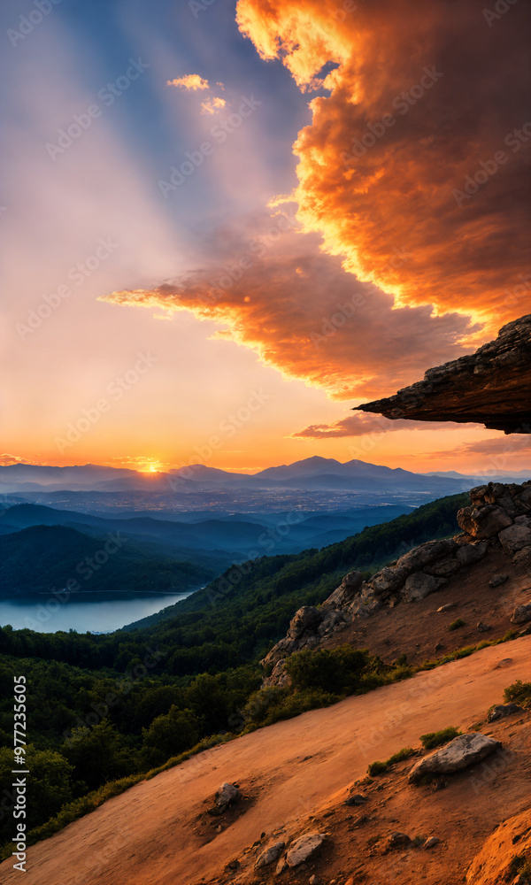 Obraz premium Golden sunset over a panoramic mountain landscape with calm orange skies creating a peaceful atmosphere perfect for capturing nature’s beauty during a relaxing summer evening