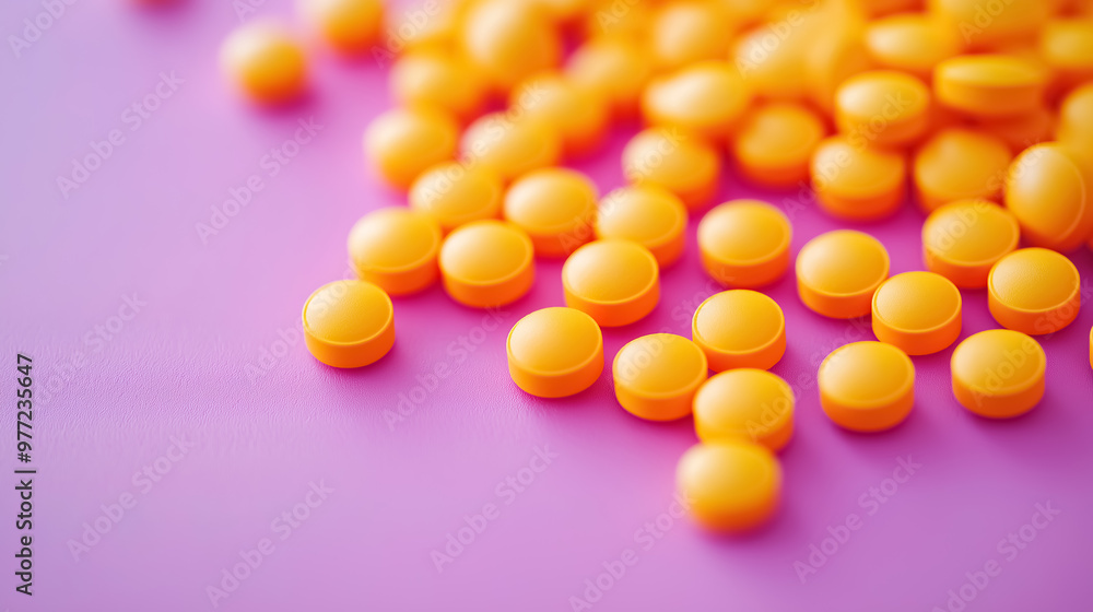 A texture of small, beautiful yellow-orange medical pills scattered on a pink-purple background A texture of small, beautiful yellow-orange medical pills scattered on a pink-purple background
