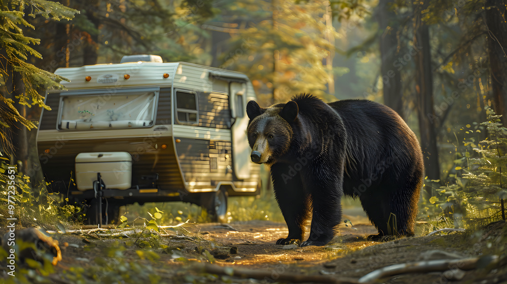 Big black brown bear animal in forest nature wilderness next to the ...