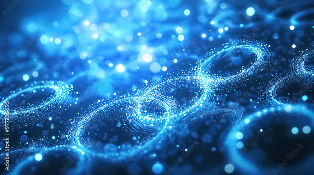 An abstract bright blue background with a pattern of flying circles made of glowing dots and magical digital energy particles An abstract bright blue background with a pattern of flying circles made of glowing dots and magical digital energy particles