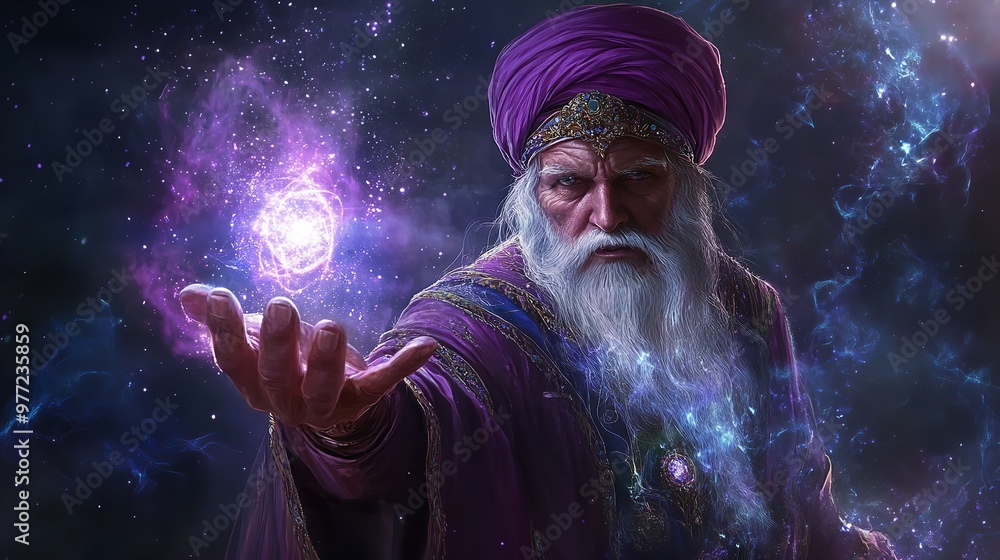 Obraz premium Enigmatic Wizard Conjuring Magic in a Candlelit Lair