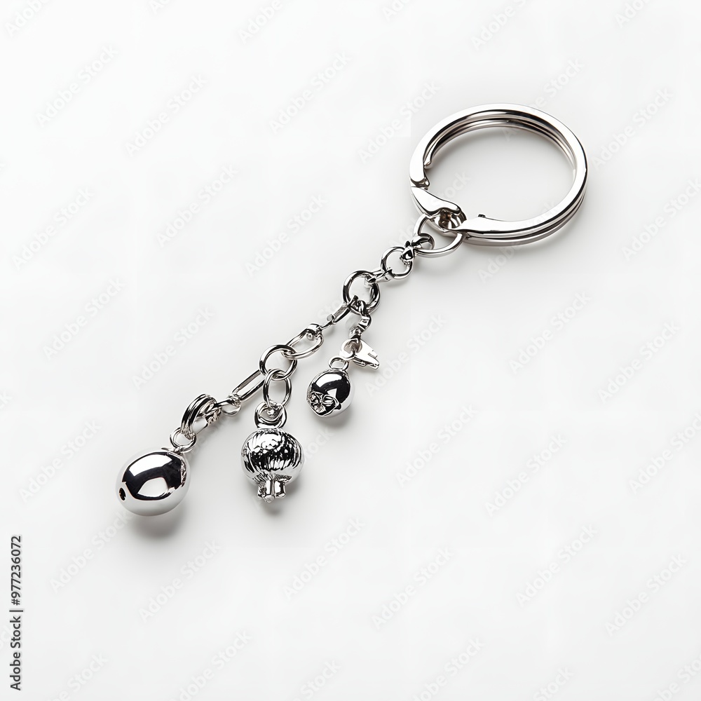 164. A shiny silver keychain with charms isolated on a simple white background 164. A shiny silver keychain with charms isolated on a simple white background
