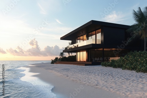 Modern Black Beach House with Ocean Views at Sunset